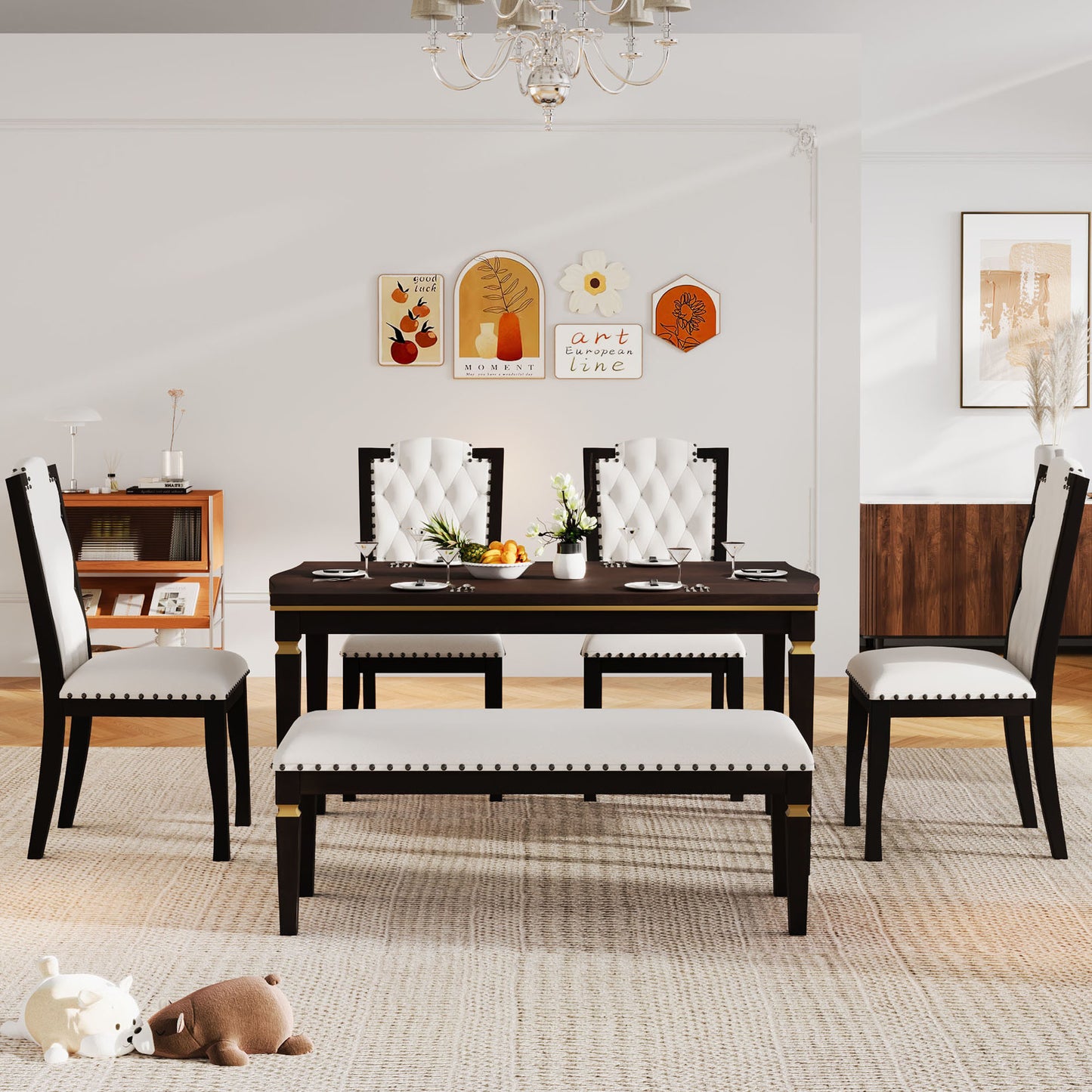 6-Piece Kitchen Dining Table Set - Rectangular Table, High-Back Tufted Chairs & Bench (Espresso)