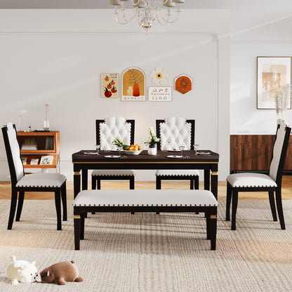 6-Piece Kitchen Dining Table Set - Rectangular Table, High-Back Tufted Chairs & Bench (Espresso)