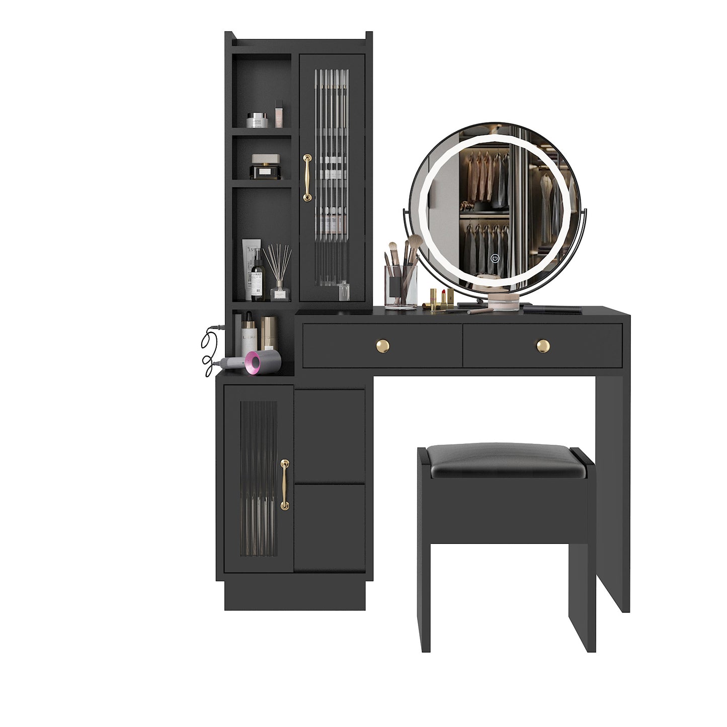 Makeup Vanity Table & Slim Armoire Wardrobe Set - Black, LED Mirror & Power Outlets