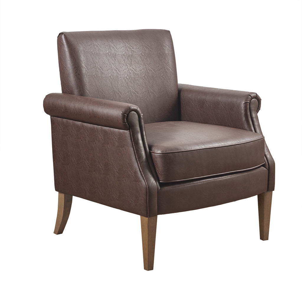 Faux Leather Accent Arm Chair - Solid Wood Frame & Pecan Finish