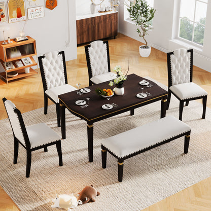 6-Piece Kitchen Dining Table Set - Rectangular Table, High-Back Tufted Chairs & Bench (Espresso)