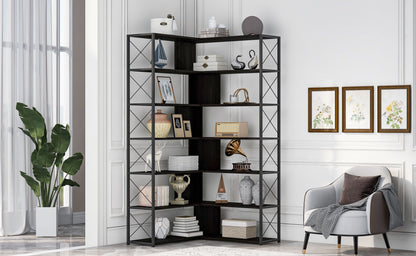 7-Tier L-Shaped Corner Bookcase - Industrial Style Home Office Bookshelf