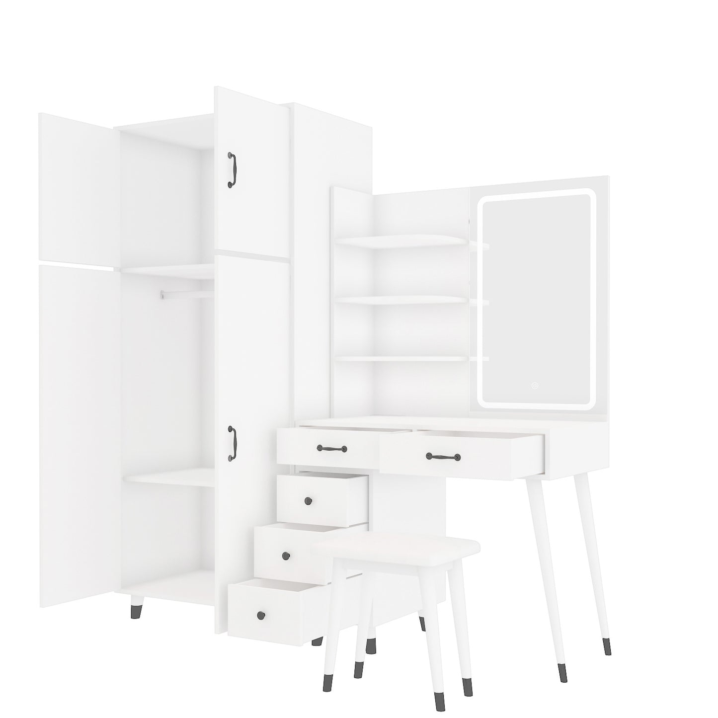 Makeup Vanity Table & Large Armoire Wardrobe Set - White, LED Mirror & Power Outlets