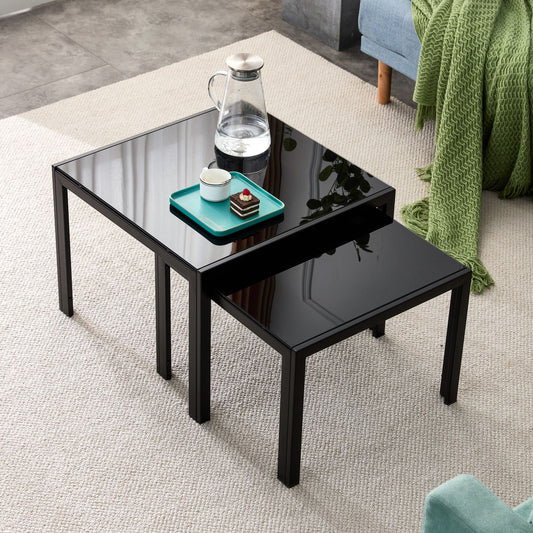 Nesting Coffee Table Set of 2 - Square Modern Stacking Table with Tempered Glass Finish - Black