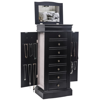 Jewelry Armoire with Mirror, 7 Drawers & 24 Necklace Hooks - Black