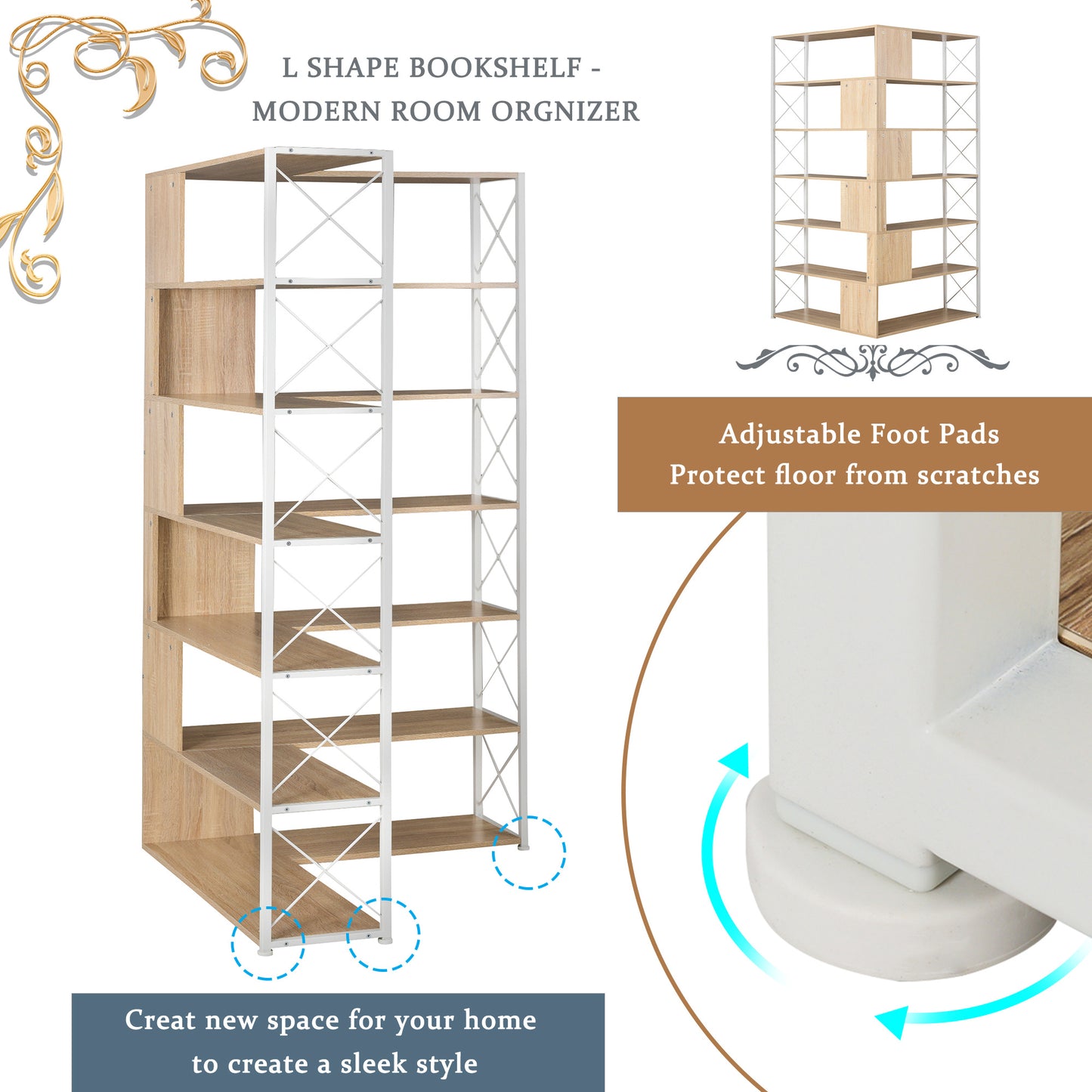 7-Tier L-Shaped Corner Bookcase - Industrial Style Home Office Bookshelf