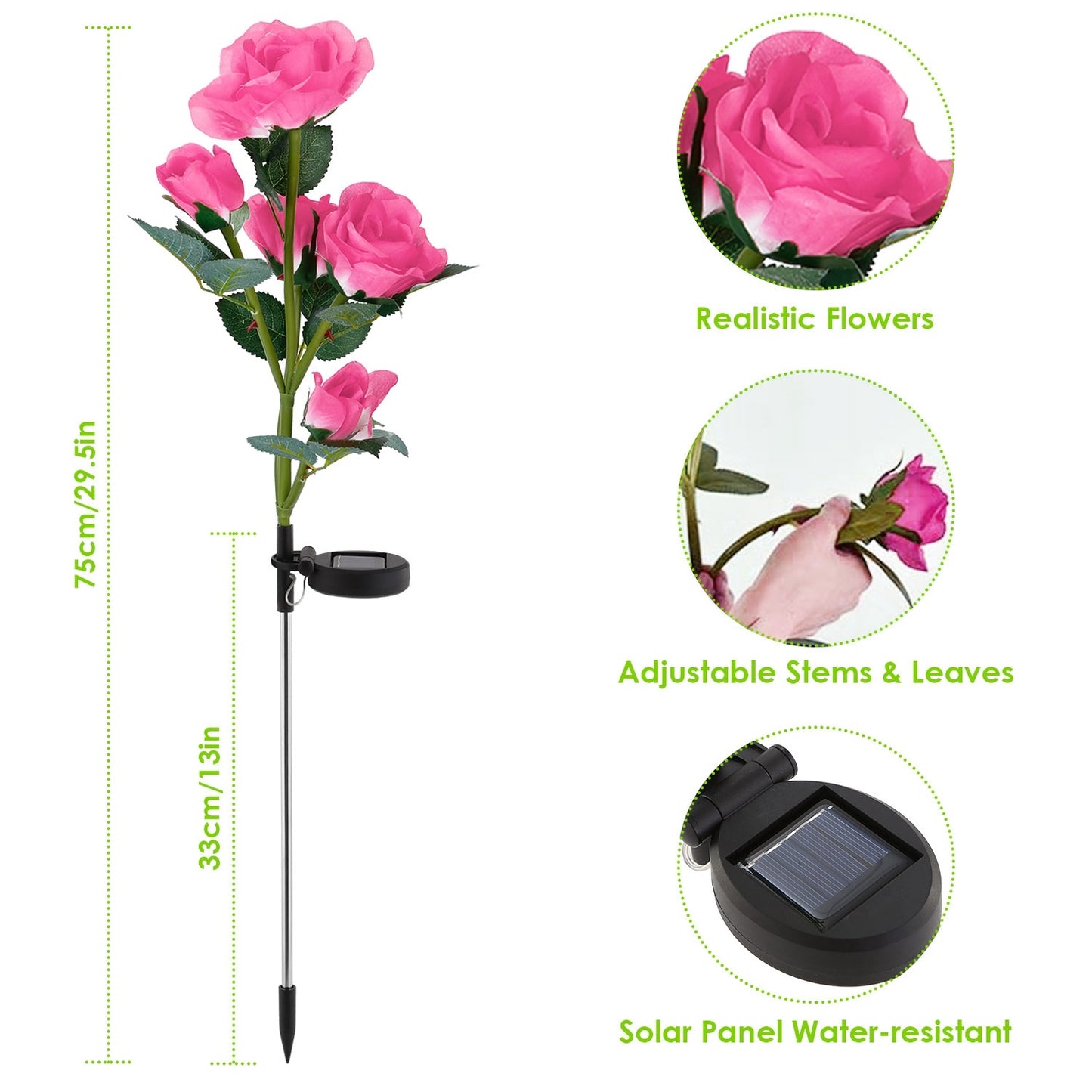 2Pcs Solar Powered Rose Flower LED Pathway Lights - Water Resistant