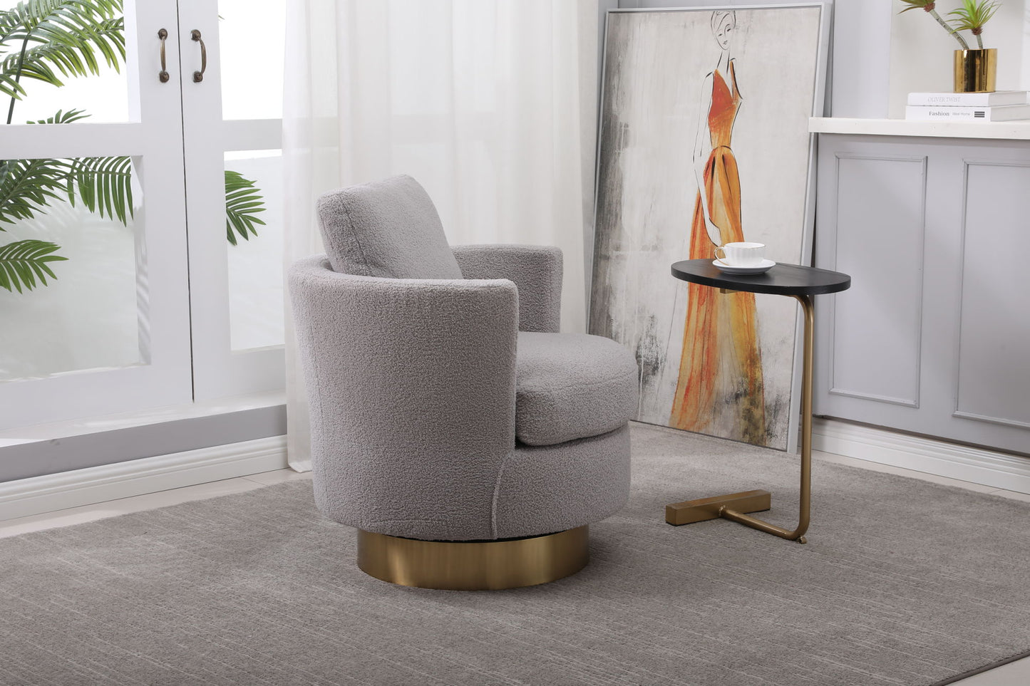 Swivel Barrel Chair with Gold Stainless Steel Base, Gray Accent Chair