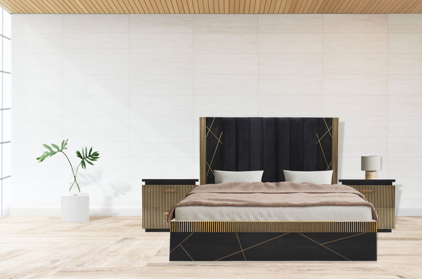 Allure Modern Style King Bed - Mango Wood with Brass Metal Finish