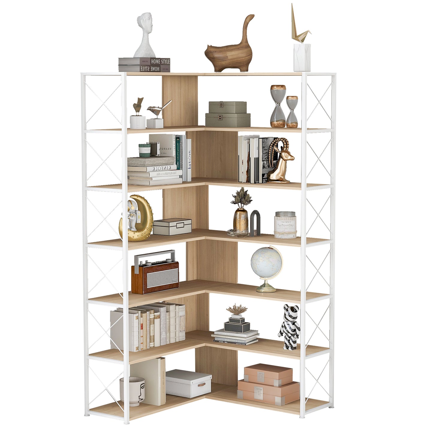 7-Tier L-Shaped Corner Bookcase - Industrial Style Home Office Bookshelf