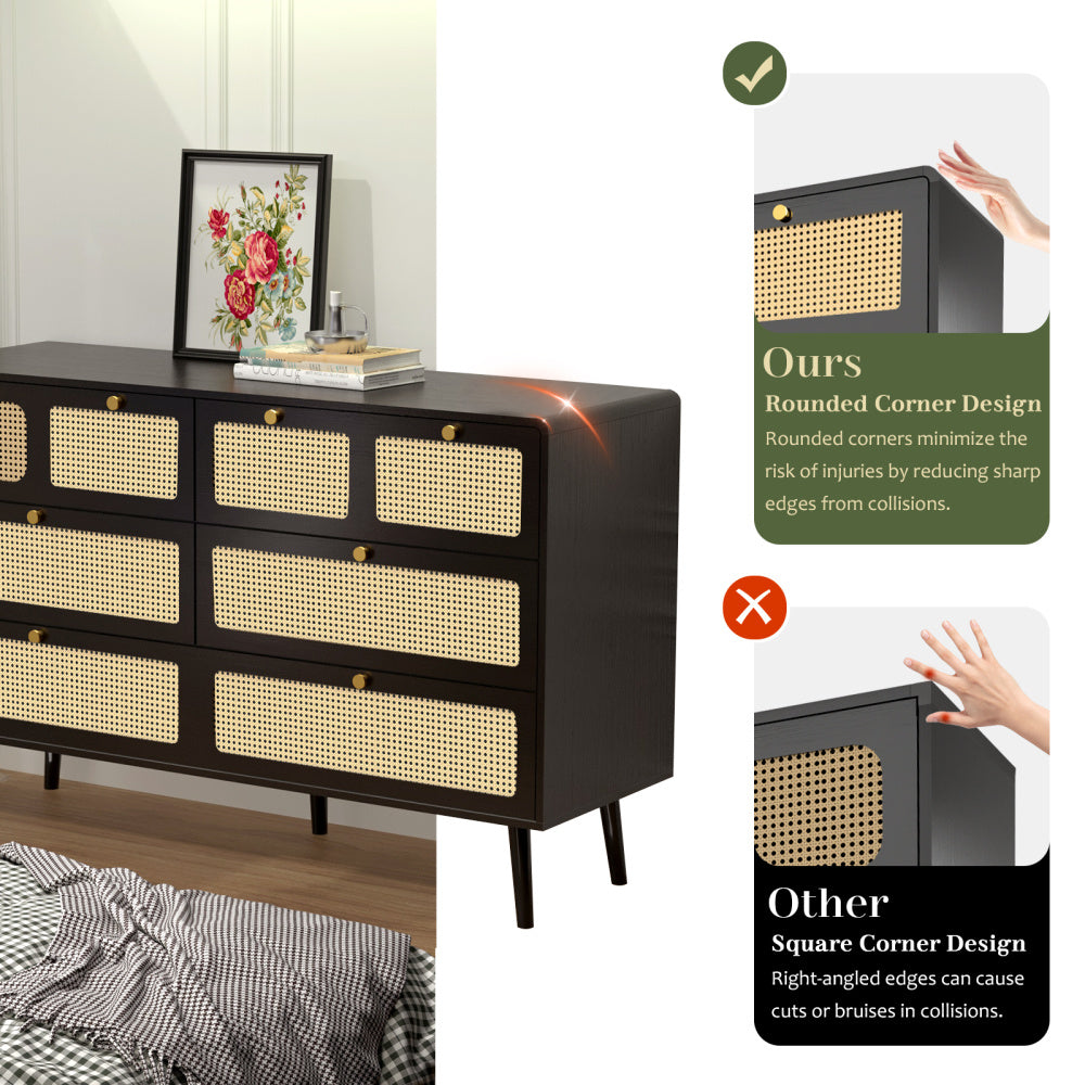 Modern Minimalist 6-Drawer Dresser with Rattan Door & Gold Handles