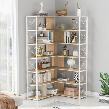 7-Tier L-Shaped Corner Bookcase - Industrial Style Home Office Bookshelf