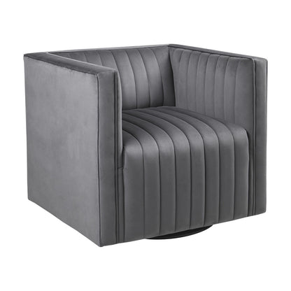 Channel Tufted Swivel Armchair - Modern Gray Velvet Accent Chair