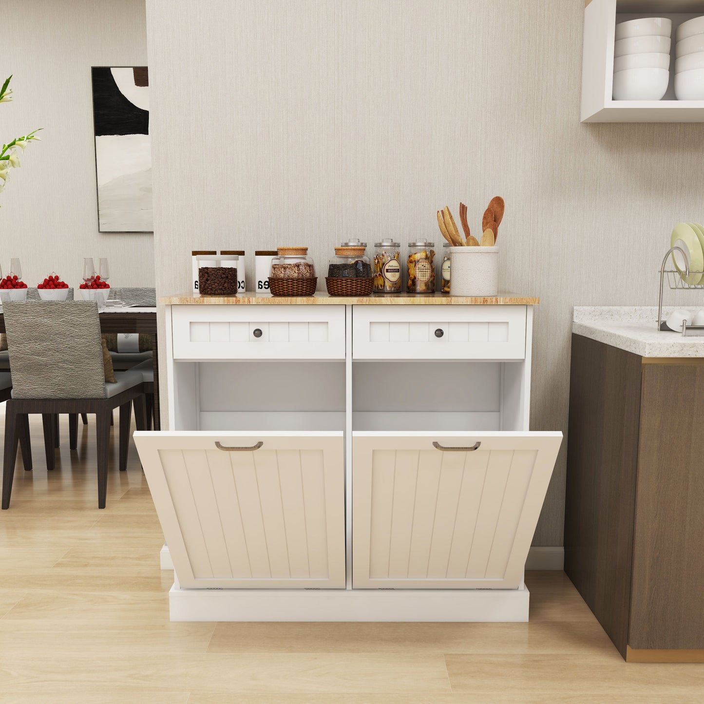 Kitchen Trash Cabinet with Tilt-Out Design - White, Two Drawers & Two Compartments