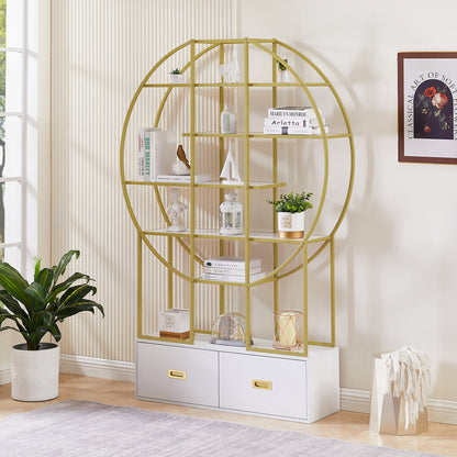 70.8" Round Office Bookcase - Bookshelf with Two Drawers & Gold Frame