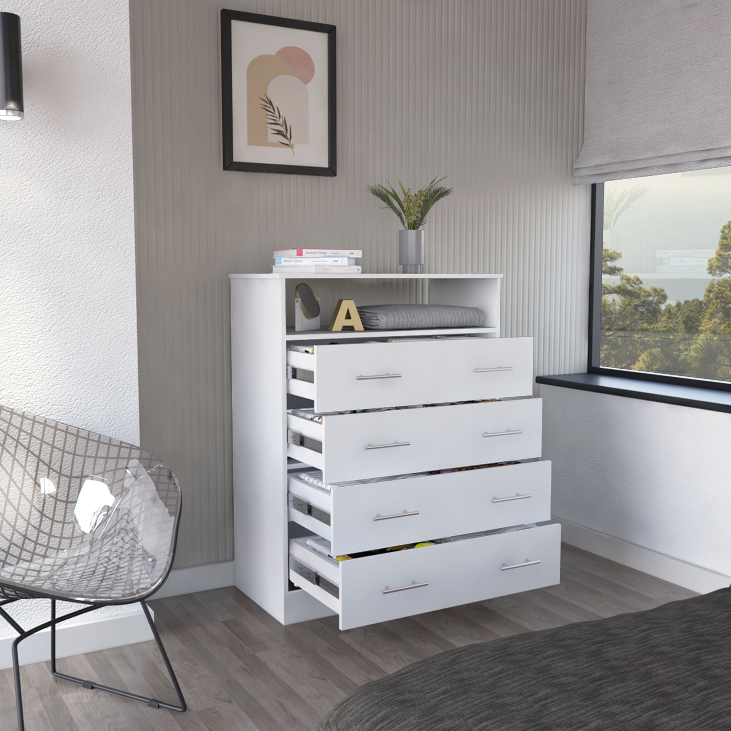 Four Drawer Bedroom Dresser in White | Open Top Shelf