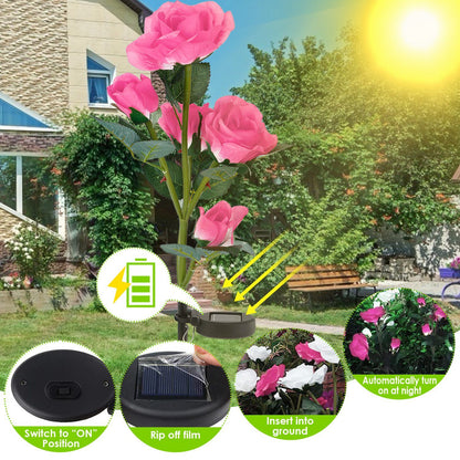 2Pcs Solar Powered Rose Flower LED Pathway Lights - Water Resistant