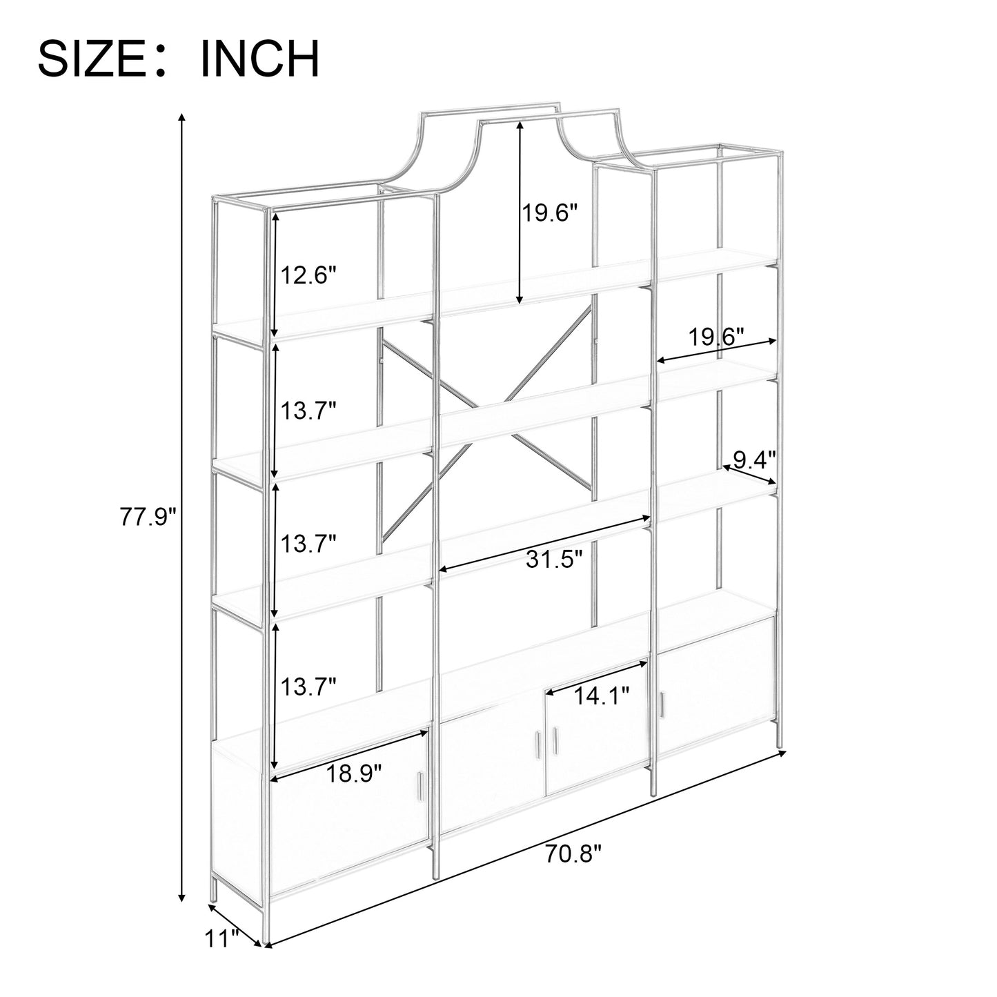 78-Inch 4-Tier Bookcase with Storage Cabinet - Gold Frame