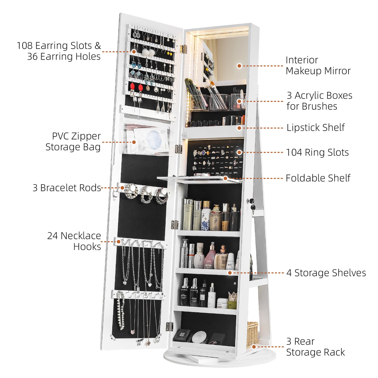 Jewelry Armoire with Full Length 360° Mirror - Lockable Jewelry Organizer