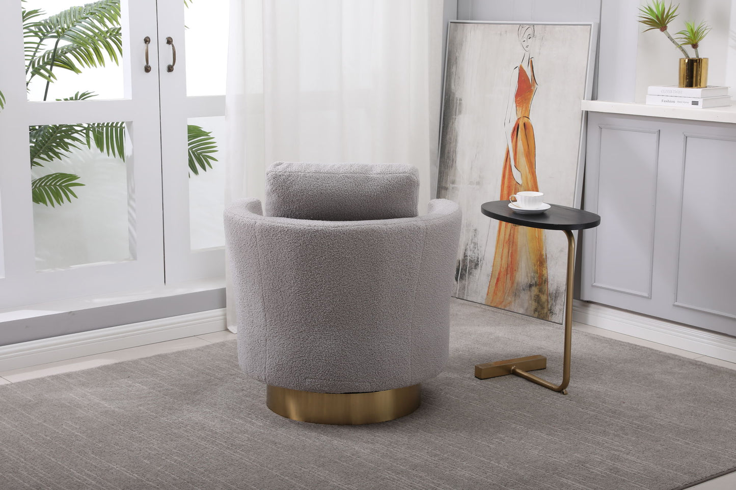 Swivel Barrel Chair with Gold Stainless Steel Base, Gray Accent Chair