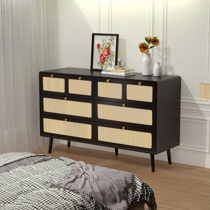 Modern Minimalist 6-Drawer Dresser with Rattan Door & Gold Handles