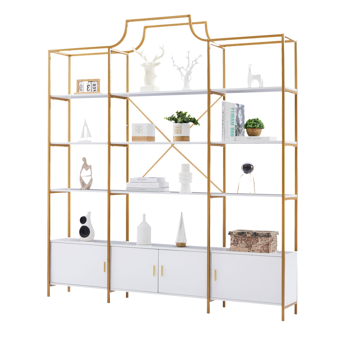 78-Inch 4-Tier Bookcase with Storage Cabinet - Gold Frame