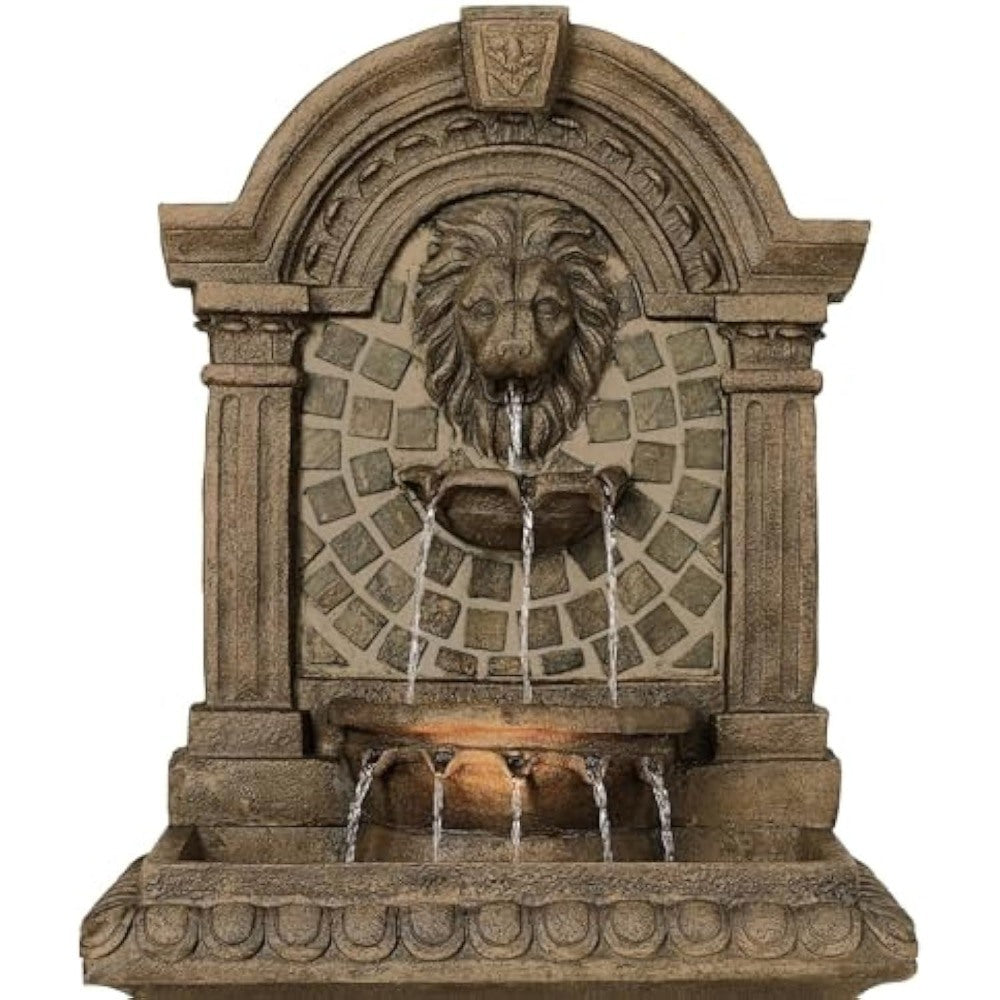 3-Tiered Wall Water Fountain with Royal Lions Head & LED Light - 51" High for Garden, Patio, Backyard, Deck