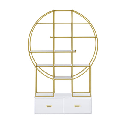 70.8" Round Office Bookcase - Bookshelf with Two Drawers & Gold Frame