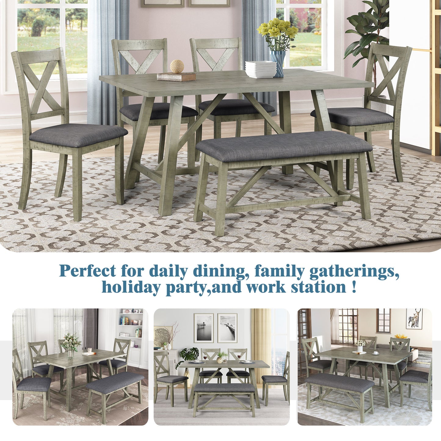 6-Piece Rustic Dining Table Set - Table, Bench & 4 Chairs