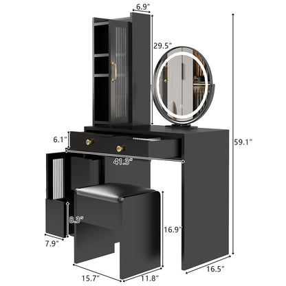 Makeup Vanity Table & Slim Armoire Wardrobe Set - Black, LED Mirror & Power Outlets