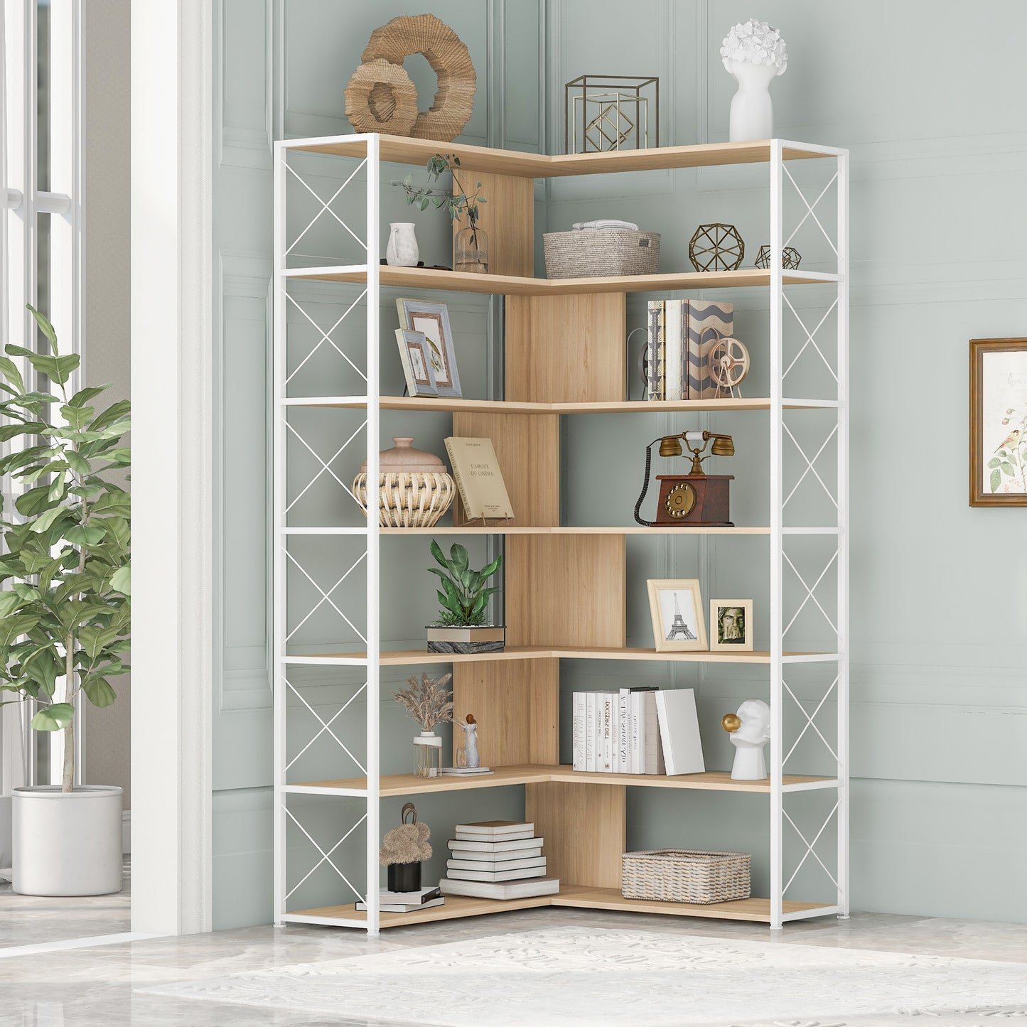 7-Tier L-Shaped Corner Bookcase - Industrial Style Home Office Bookshelf