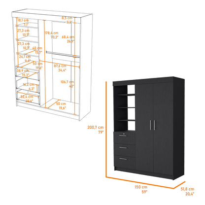 3-Drawer Armoire Black | Ample Storage with Shelves & Hangers