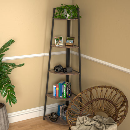 5-Tier Corner Bookshelf - 70" Tall Rustic Brown Display Organizer