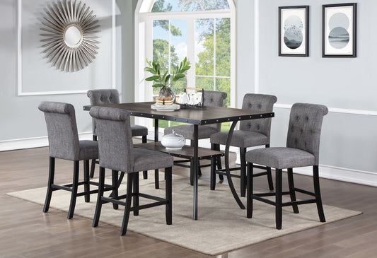 7pc Counter Height Dining Set - Natural Rectangle Table & Charcoal Tufted Chairs