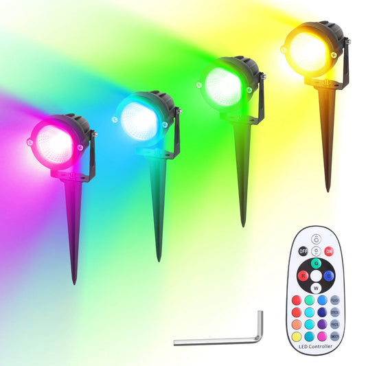 4Pcs Color Changing Landscape Lights - RGBW LED Spotlight, IP65 Waterproof