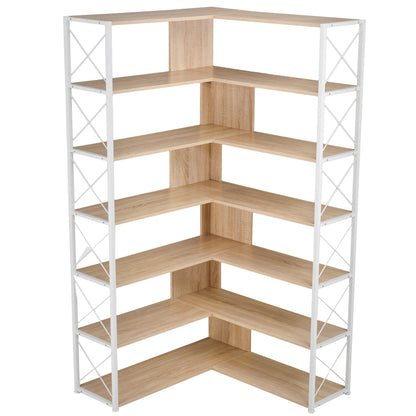 7-Tier L-Shaped Corner Bookcase - Industrial Style Home Office Bookshelf