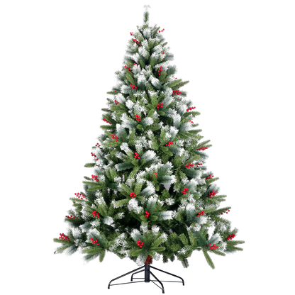 7.5ft Artificial Christmas Tree | Flocked Pine Needle Tree with Cones & Red Berries, Foldable Stand