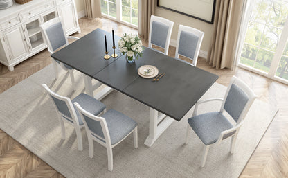 7-Piece Extendable Trestle Dining Table Set - White, 76.9" with Removable Leaf