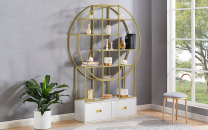 70.8" Round Office Bookcase - Bookshelf with Two Drawers & Gold Frame