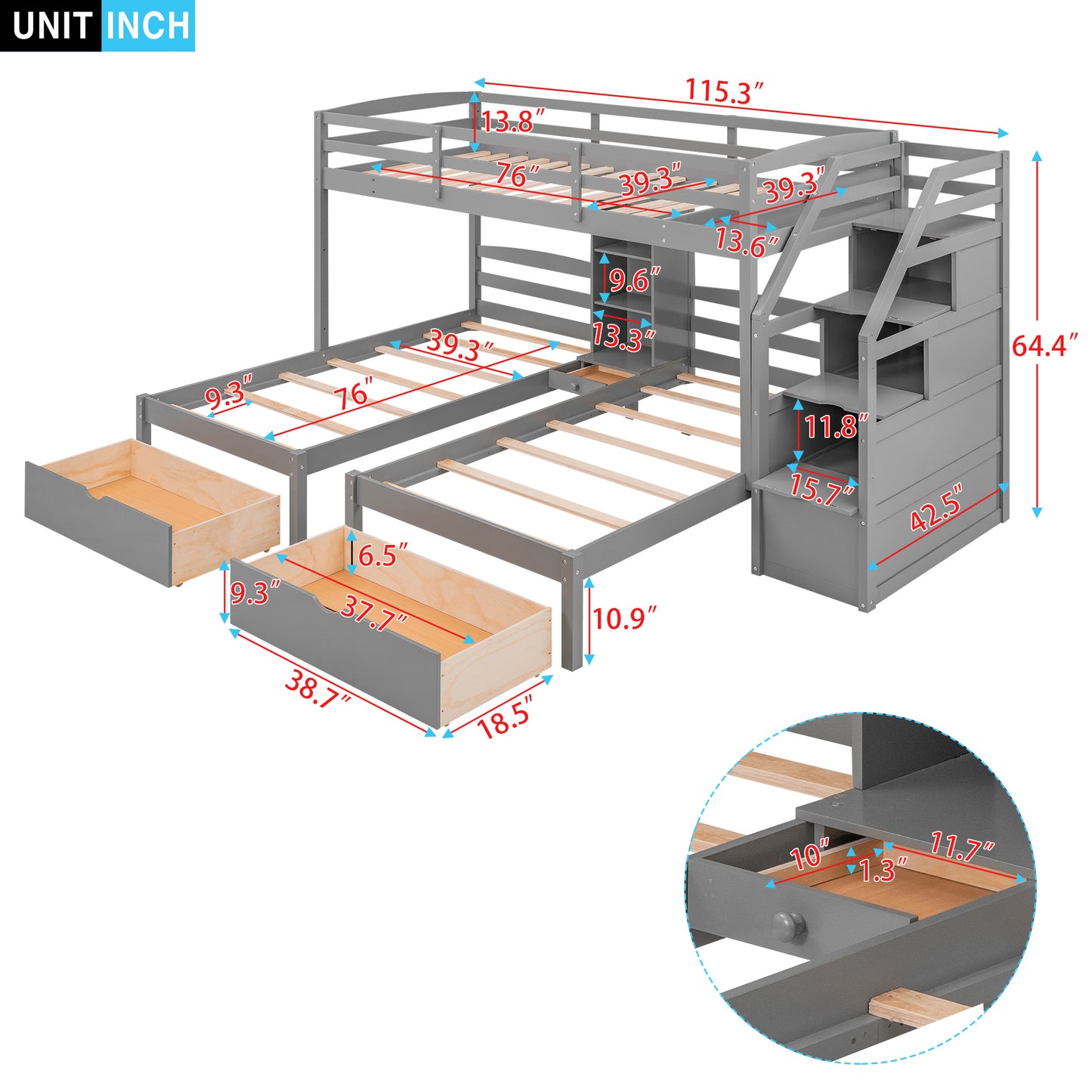 Triple Twin Bunk Bed with Drawers & Storage Staircase