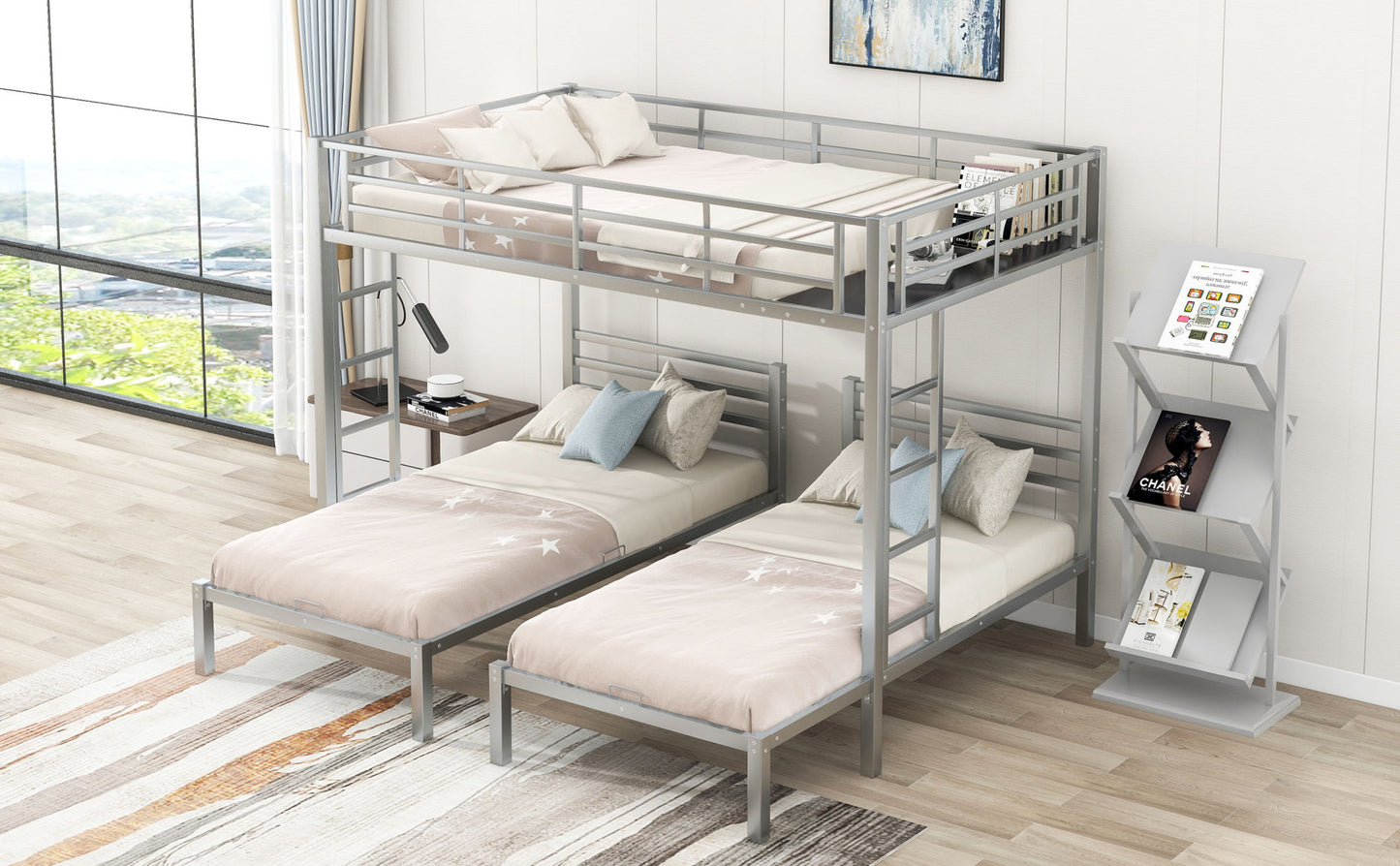 Full over Twin & Twin Size Bunk Metal Bed with Built-in Shelf