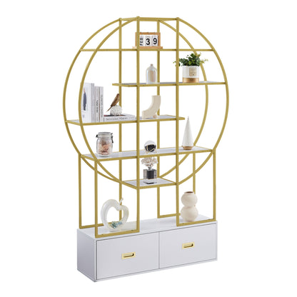 70.8" Round Office Bookcase - Bookshelf with Two Drawers & Gold Frame