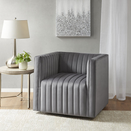 Channel Tufted Swivel Armchair - Modern Gray Velvet Accent Chair