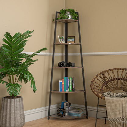 5-Tier Corner Bookshelf - 70" Tall Rustic Brown Display Organizer