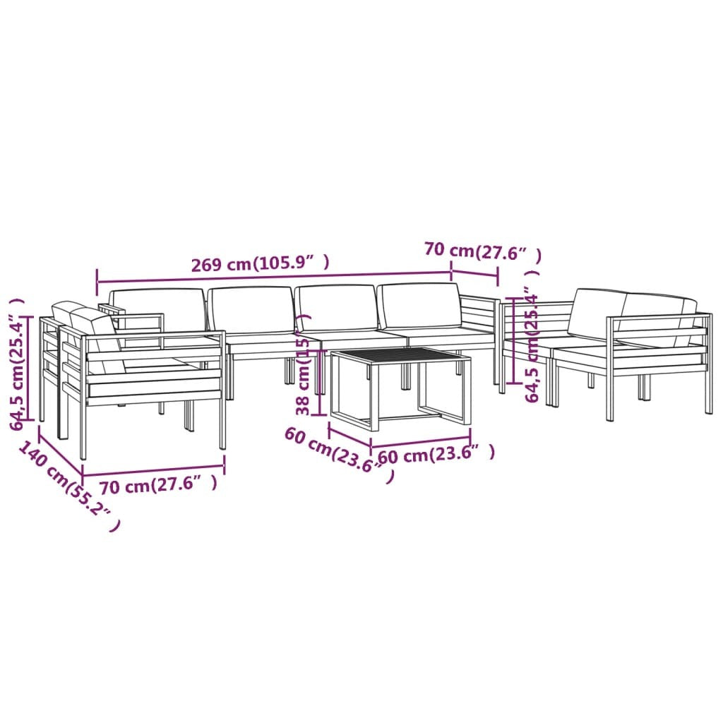 9-Piece Patio Lounge Set with Cushions - Aluminum Anthracite