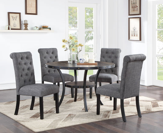 Modern Classic 5pc Dining Set - Natural Wood Round Table & Charcoal Tufted Chairs