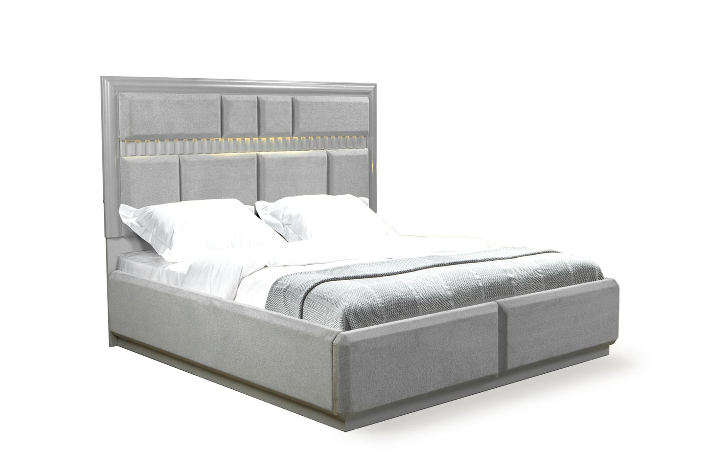 Da Vinci Modern Style King Bed - Wood, Gray with LED-Lit Headboard