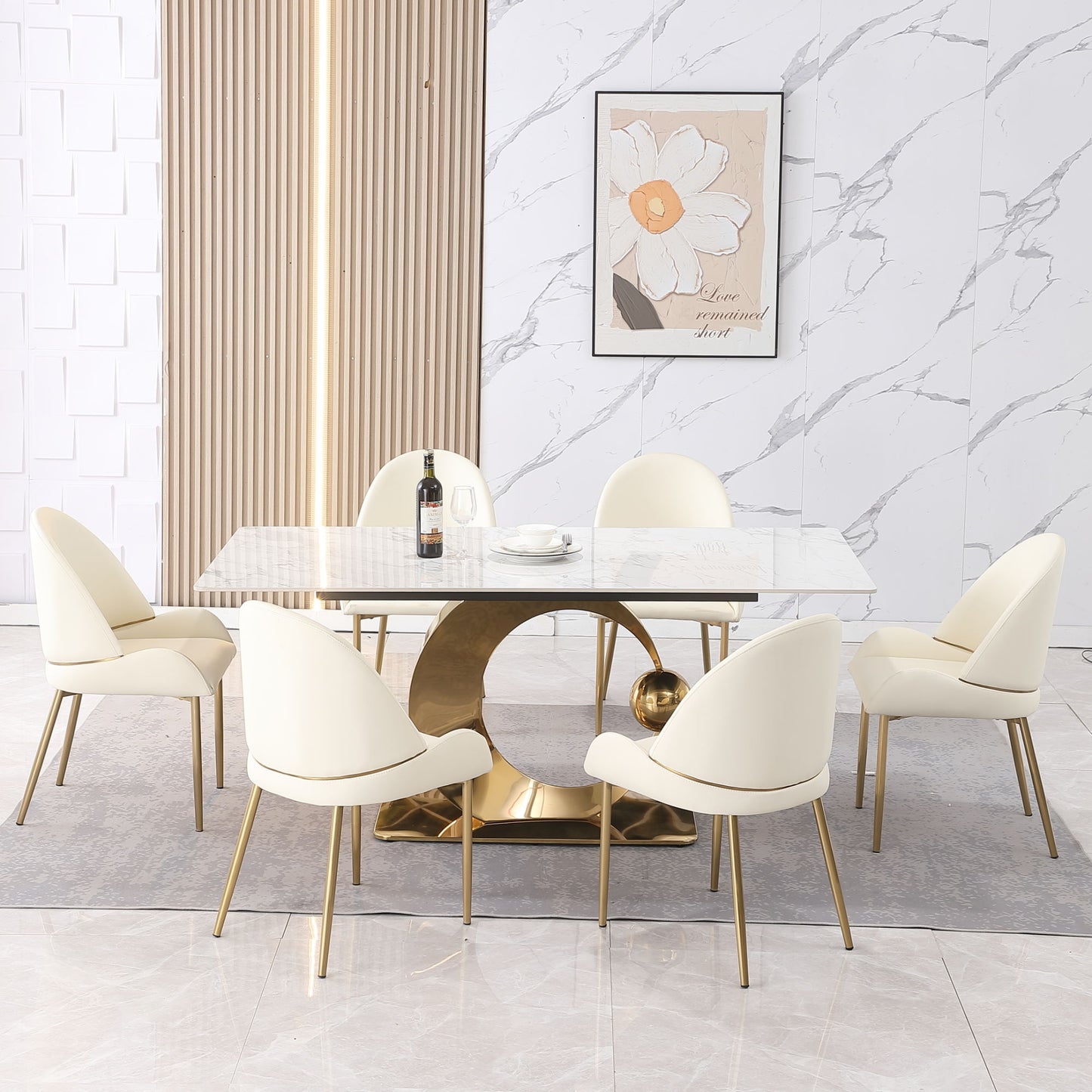 71-Inch Stone Dining Table with Carrara White Color and Round Carbon Steel Pedestal Base, Includes 6 Chairs