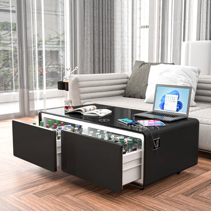 Modern Smart Coffee Table - Built-in Fridge, Bluetooth Speaker, Wireless Charging, Black