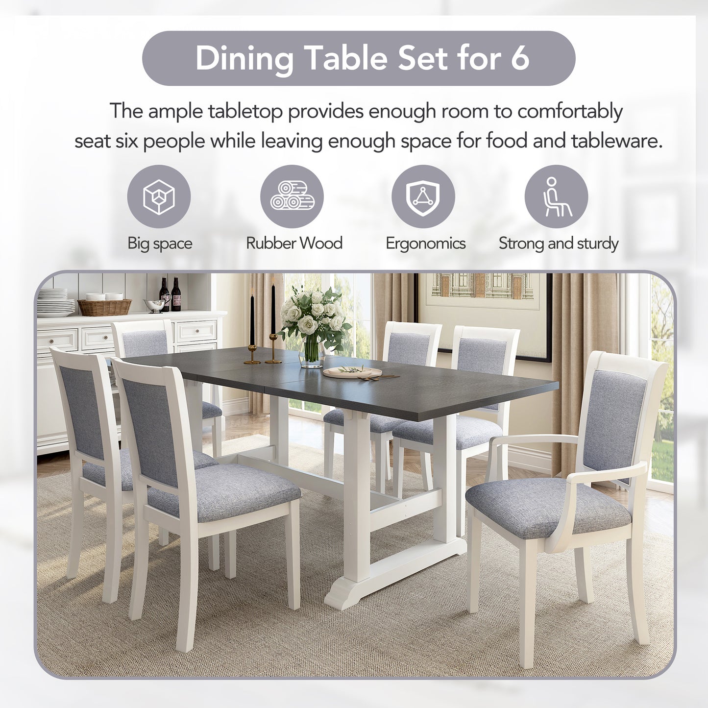 7-Piece Extendable Trestle Dining Table Set - White, 76.9" with Removable Leaf